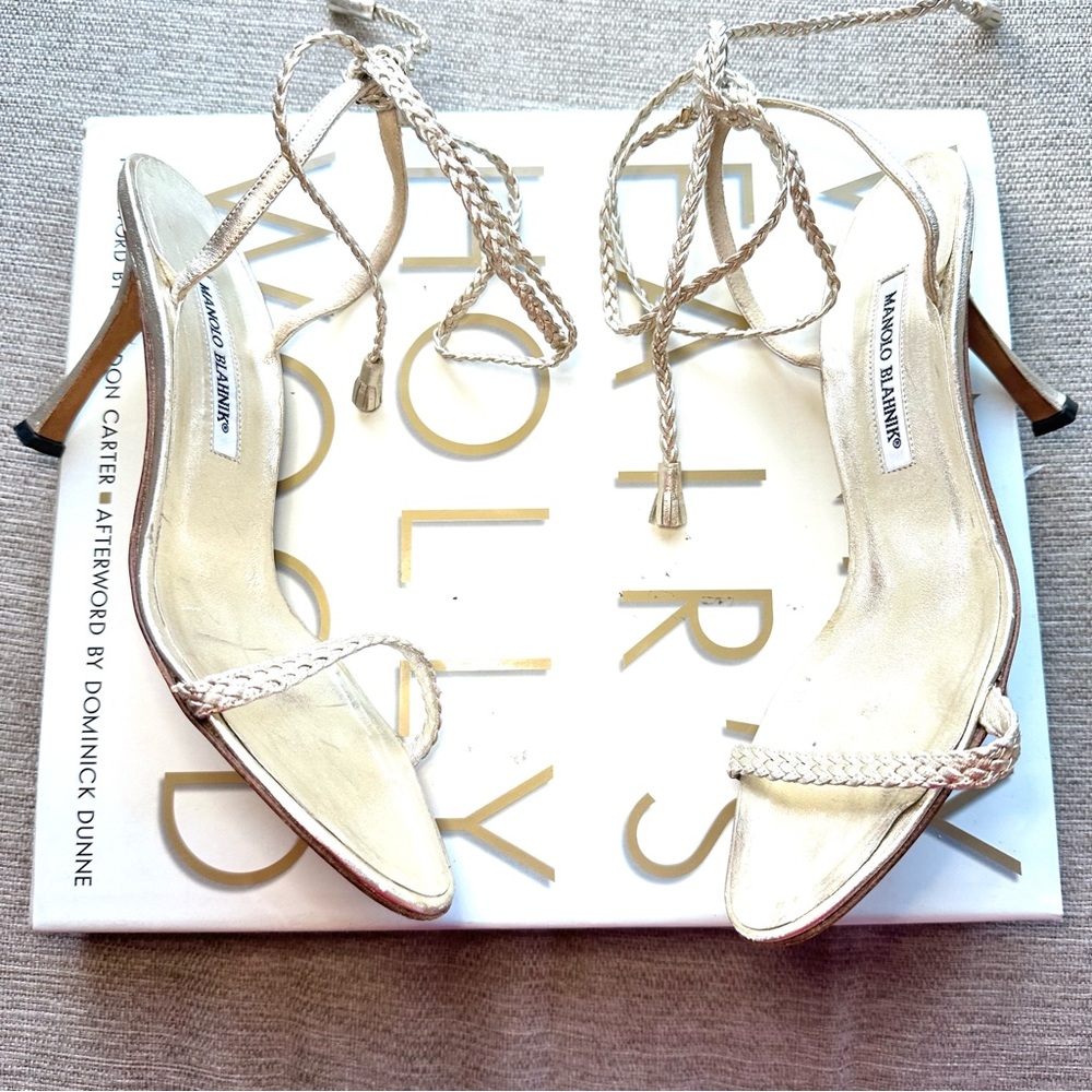Manolo Blahnik Gold Braided Wrap Heels